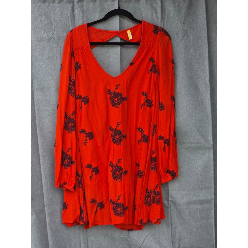 Free People Orange Red Embroidered Open Back Mini Dress Long Sleeve XS